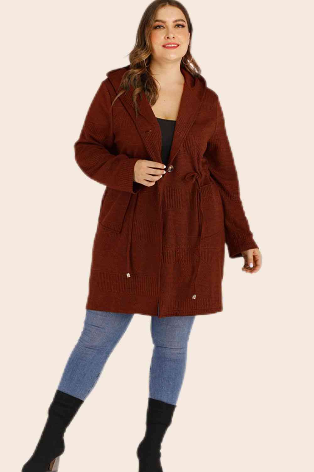 Plus Size Drawstring Waist Hooded Cardigan with Pockets king-general-store-5710.myshopify.com