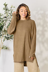 Basic Bae Full Size Ribbed Round Neck Long Sleeve Slit Top king-general-store-5710.myshopify.com