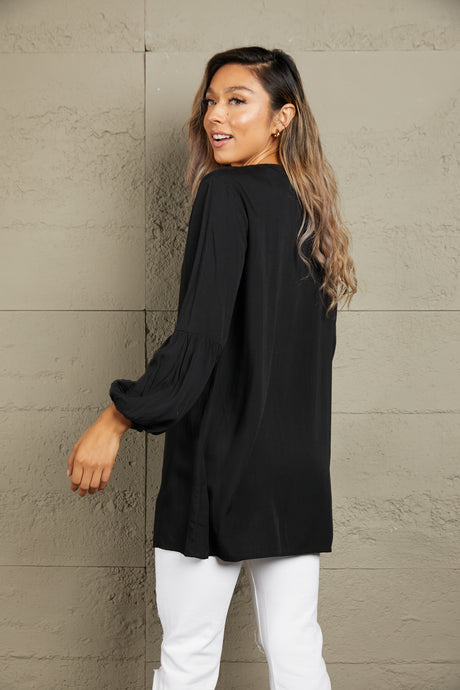 Double Take Notched Neck Balloon Sleeve Shirt king-general-store-5710.myshopify.com