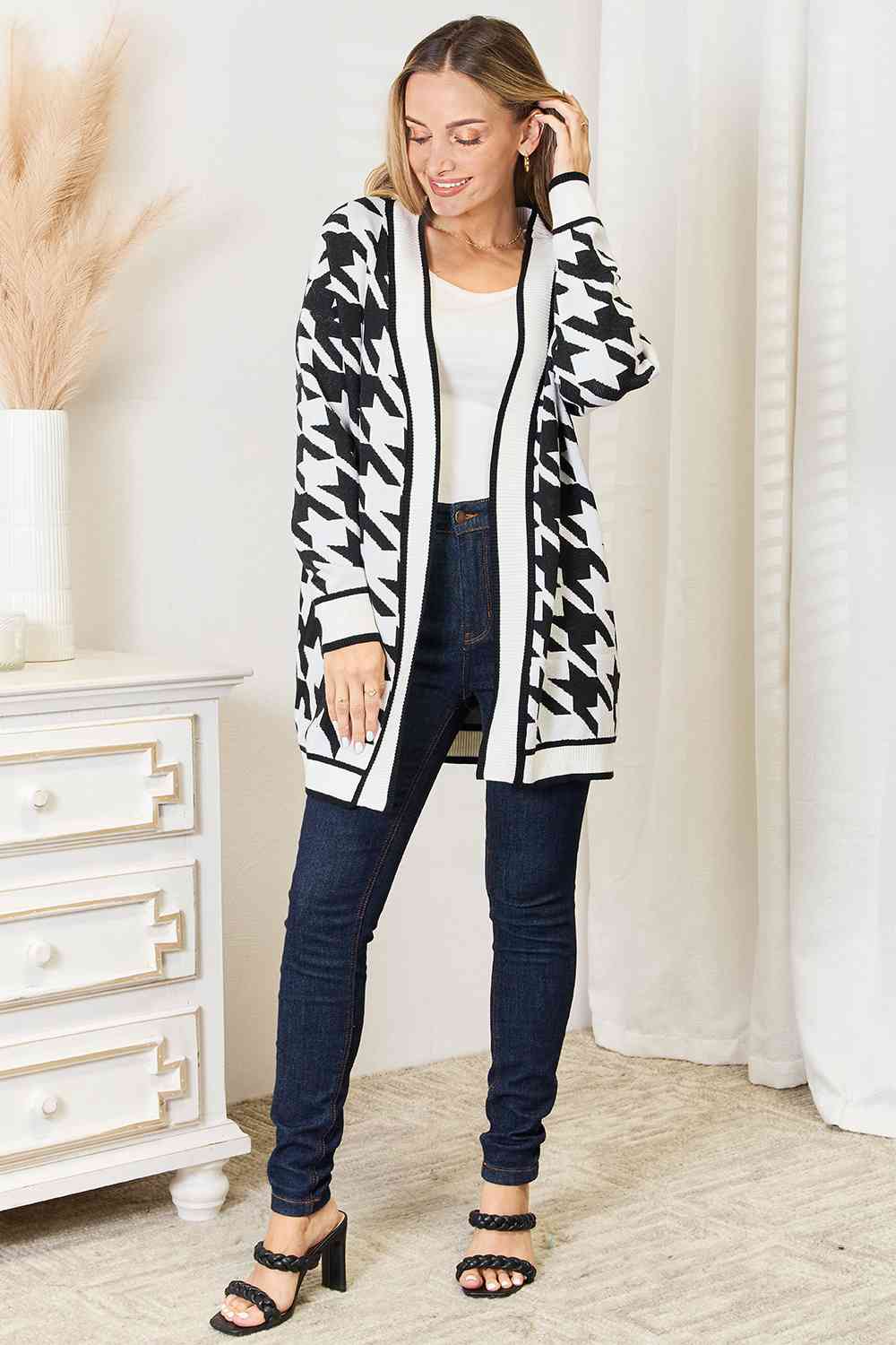 Woven Right Houndstooth Open Front Longline Cardigan king-general-store-5710.myshopify.com