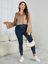 Plus Size Checkered Johnny Collar Flare Sleeve Shirt king-general-store-5710.myshopify.com