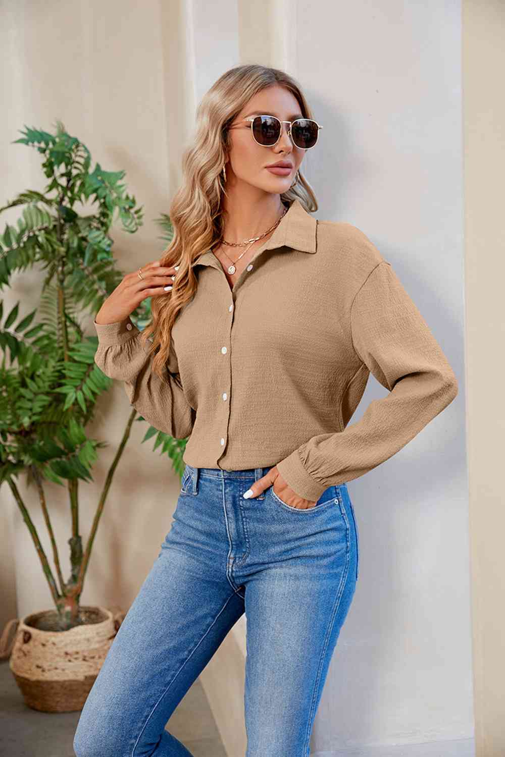 Collared Neck Buttoned Long Sleeve Shirt king-general-store-5710.myshopify.com