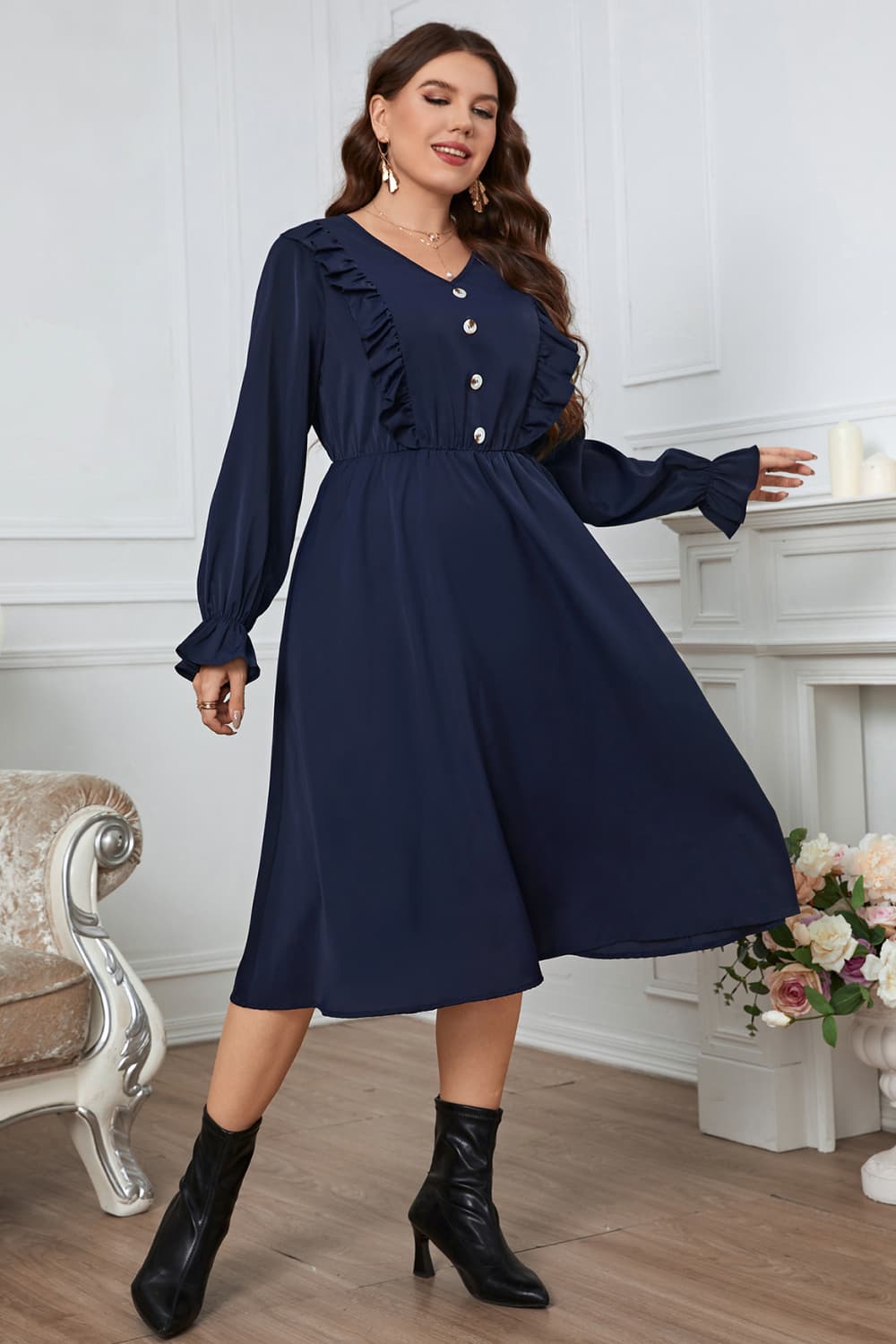 Plus Size V-Neck Buttoned Flounce Sleeve Dress king-general-store-5710.myshopify.com