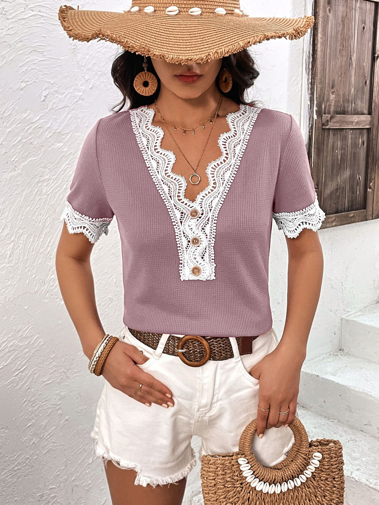 Decorative Button Spliced Lace Short Sleeve Top king-general-store-5710.myshopify.com