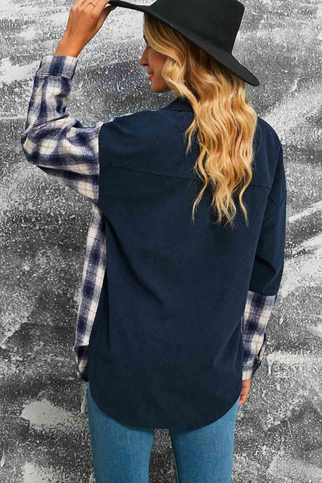 Double Take Plaid Color Block Dropped Shoulder Corduroy Shacket king-general-store-5710.myshopify.com