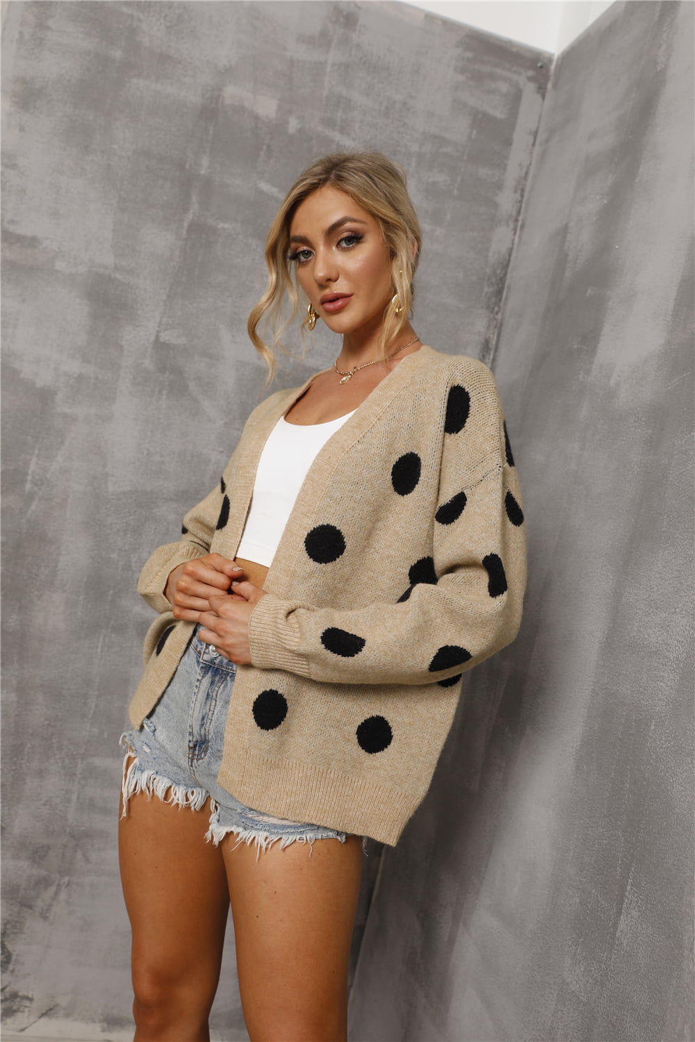 Dropped Shoulder Polka Dot Cardigan king-general-store-5710.myshopify.com