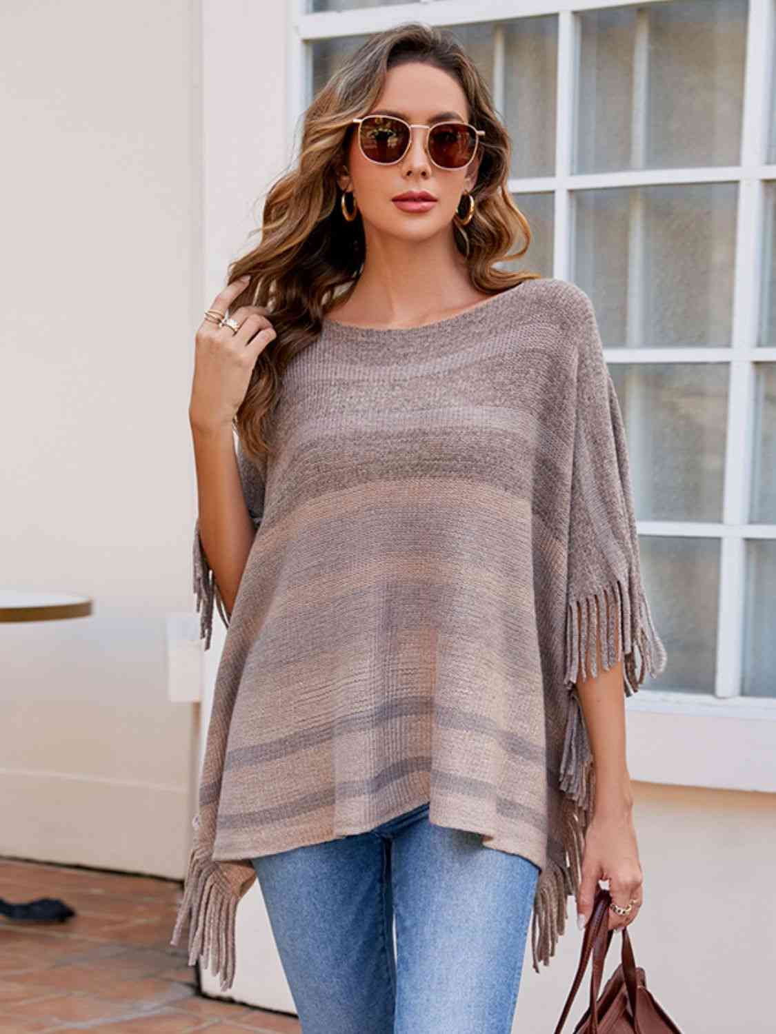 Striped Boat Neck Poncho with Fringes king-general-store-5710.myshopify.com