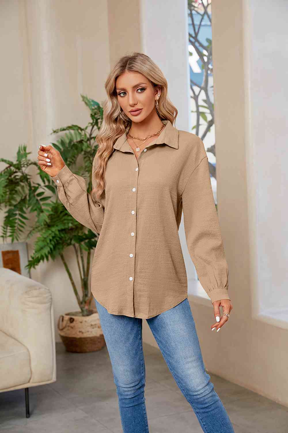 Collared Neck Buttoned Long Sleeve Shirt king-general-store-5710.myshopify.com