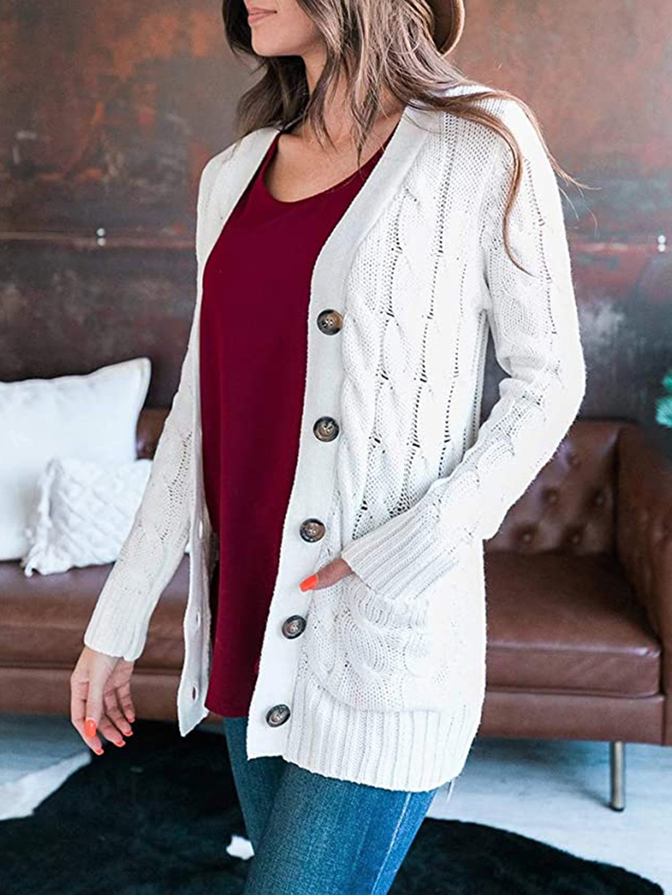 Cable-Knit Buttoned Cardigan with Pockets king-general-store-5710.myshopify.com