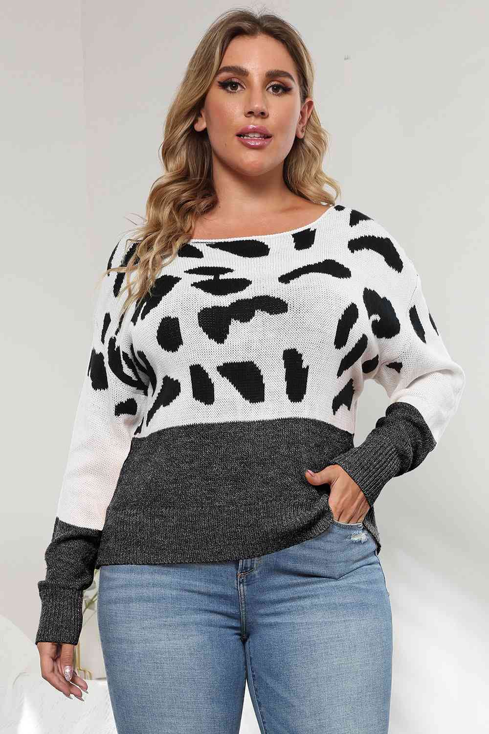 Plus Size Leopard Round Neck Long Sleeve Sweater king-general-store-5710.myshopify.com