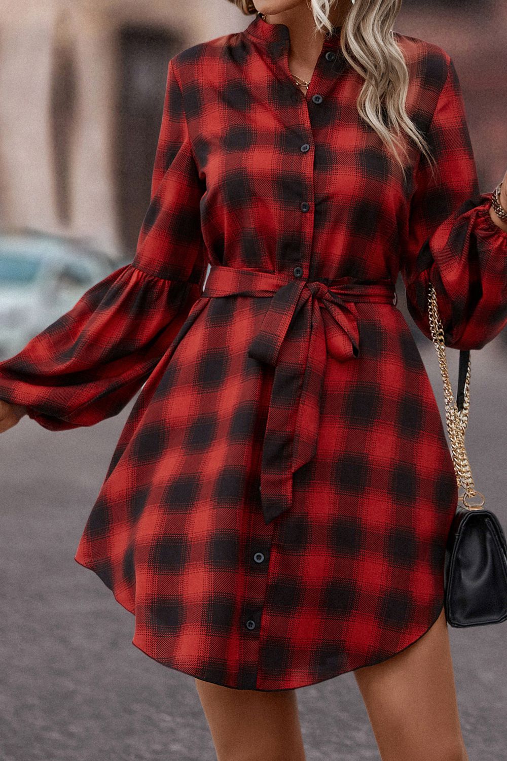 Plaid Tie Waist Balloon Sleeve Mini Dress king-general-store-5710.myshopify.com