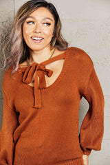 Double Take Tied Balloon Sleeve Round Neck Sweater king-general-store-5710.myshopify.com