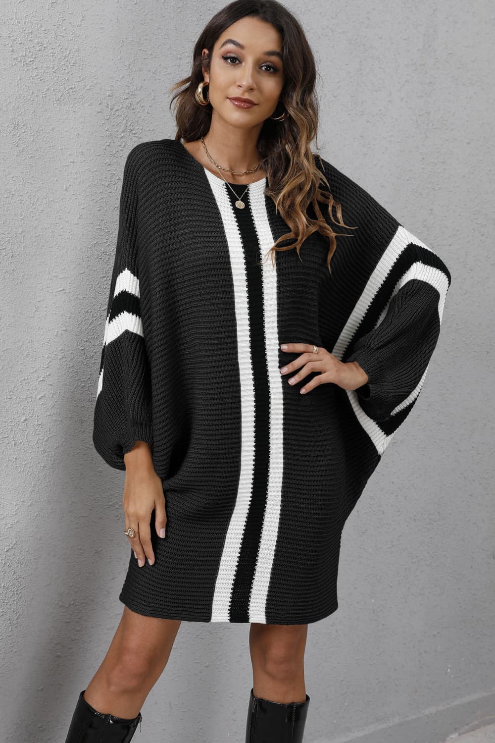 Ribbed Round Neck Long Sleeve Sweater Dress king-general-store-5710.myshopify.com