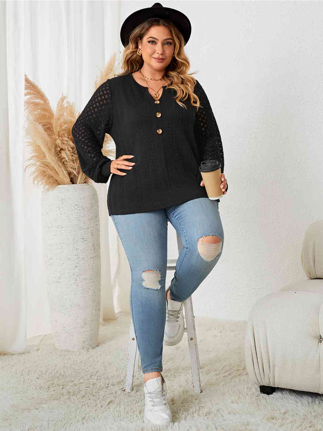 Plus Size Openwork Notched Button Front Blouse king-general-store-5710.myshopify.com