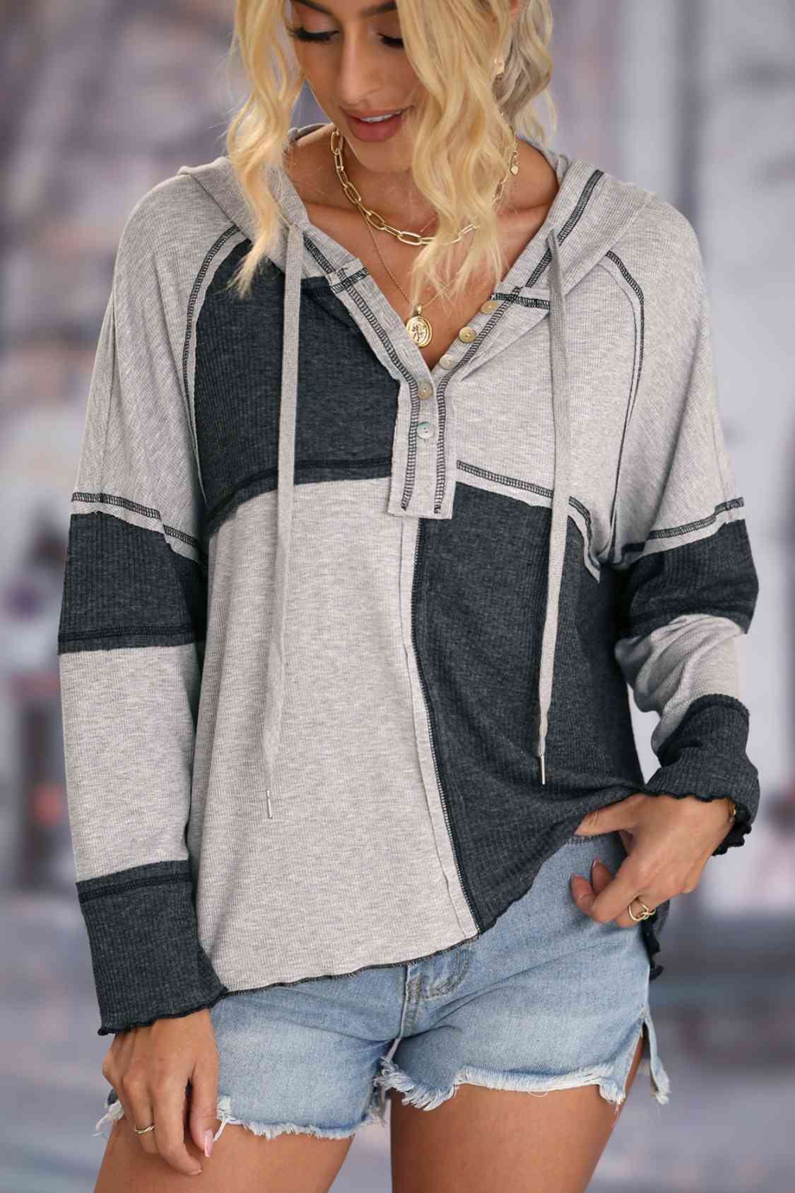 Exposed Seam Color Block Hoodie with Drawstring king-general-store-5710.myshopify.com