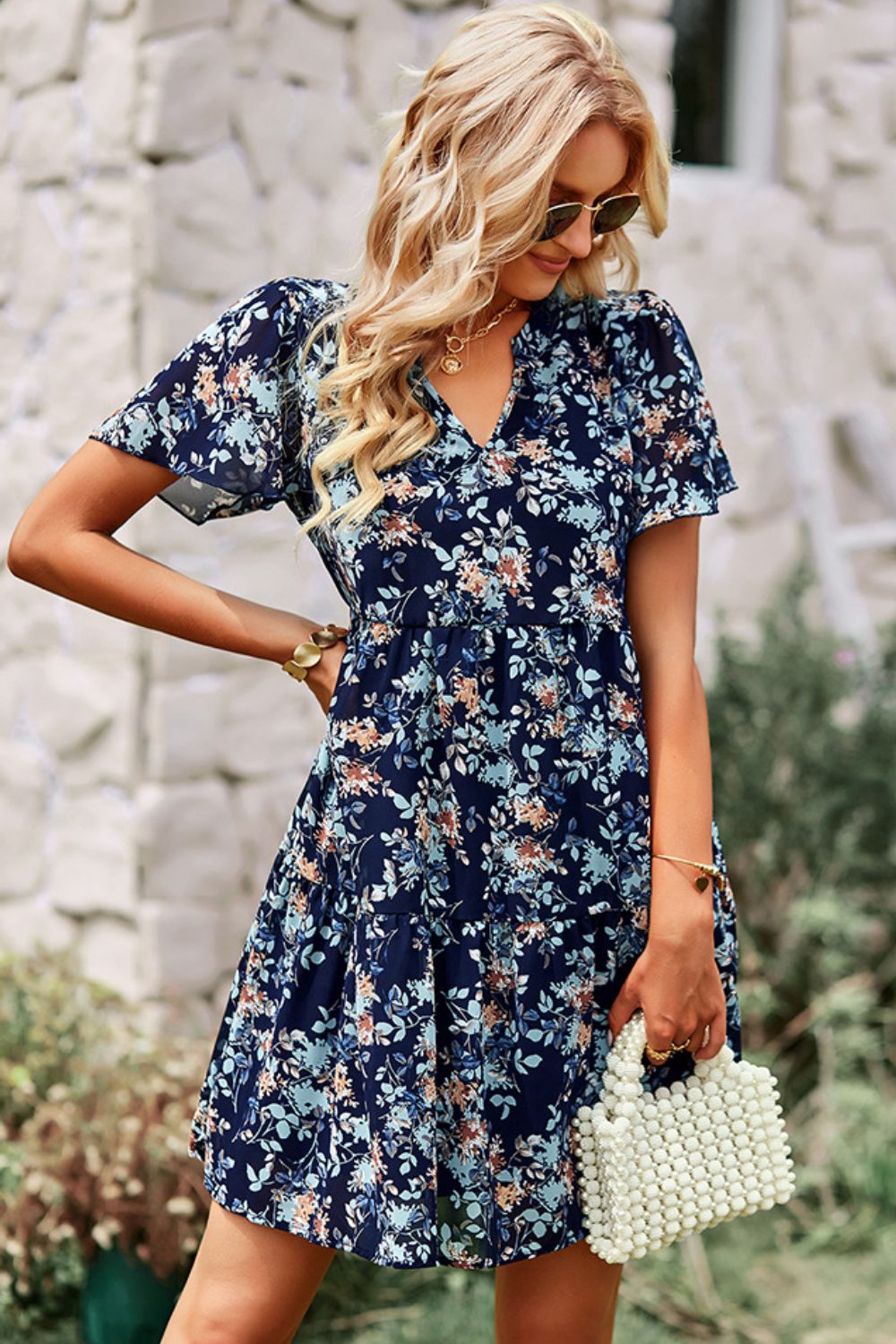 Floral Notched Flutter Sleeve Mini Dress king-general-store-5710.myshopify.com