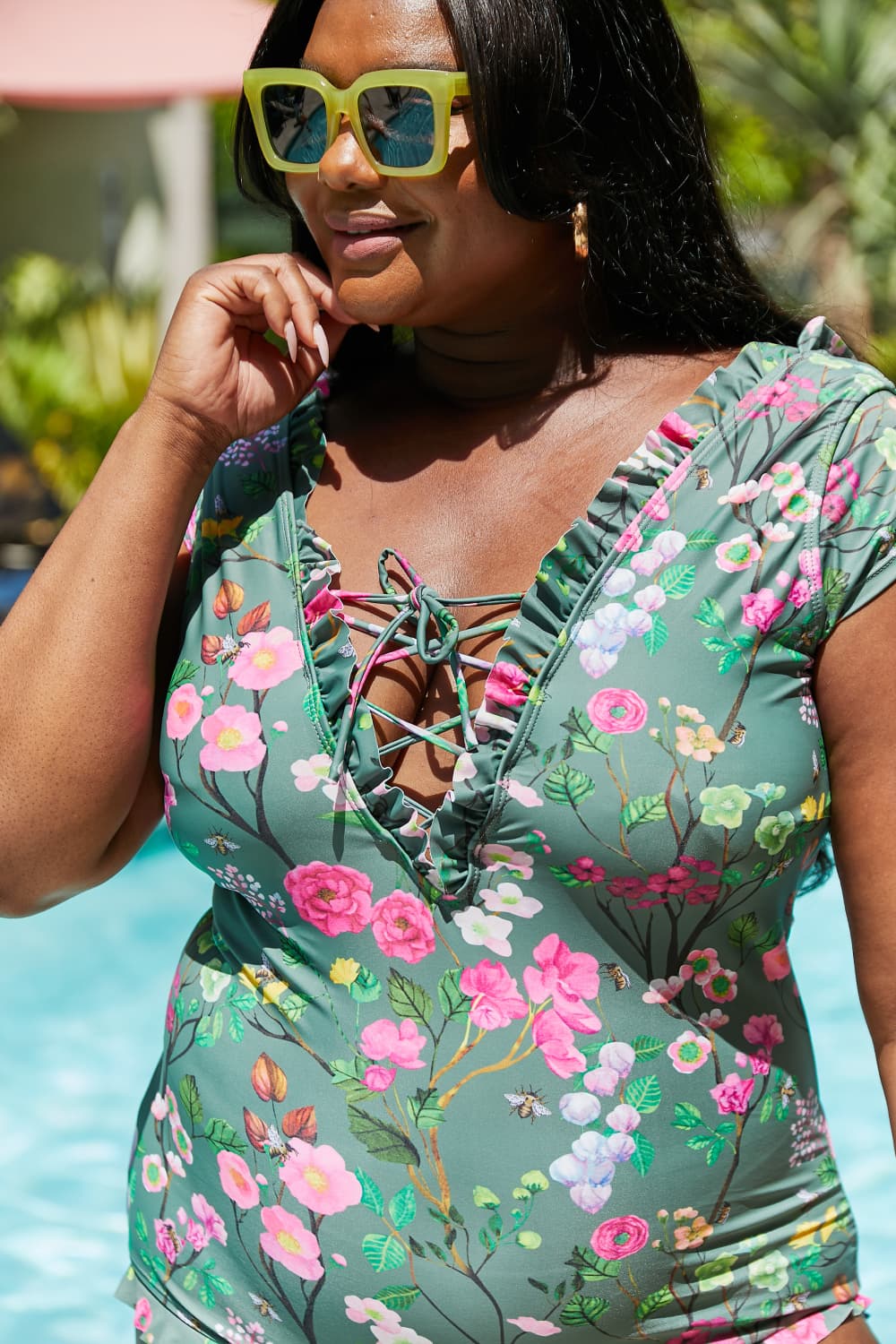 Marina West Swim Bring Me Flowers V-Neck One Piece Swimsuit In Sage king-general-store-5710.myshopify.com