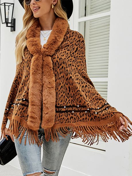 Leopard Fringe Hem Poncho king-general-store-5710.myshopify.com