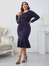 Melo Apparel Plus Size Buttoned Round Neck Tie Belt Midi Dress king-general-store-5710.myshopify.com