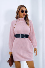 Buttoned Turtleneck Long Sleeve Sweater Dress king-general-store-5710.myshopify.com