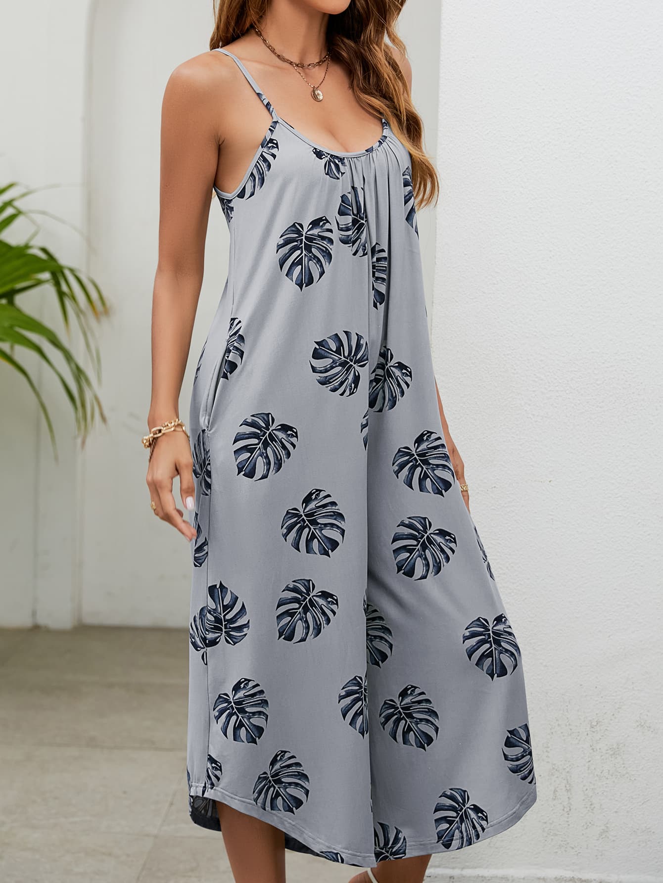 Botanical Print Spaghetti Strap Scoop Neck Jumpsuit king-general-store-5710.myshopify.com