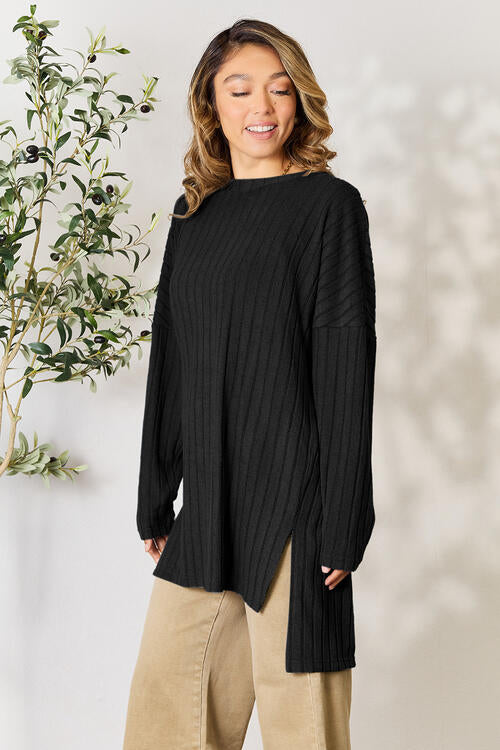 Basic Bae Full Size Ribbed Round Neck Long Sleeve Slit Top king-general-store-5710.myshopify.com