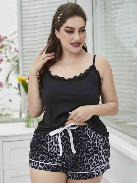 Plus Size Lace Trim Scoop Neck Cami and Printed Shorts Pajama Set king-general-store-5710.myshopify.com