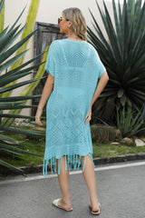 V-Neck Short Sleeve Fringe Hem Knit Dress king-general-store-5710.myshopify.com