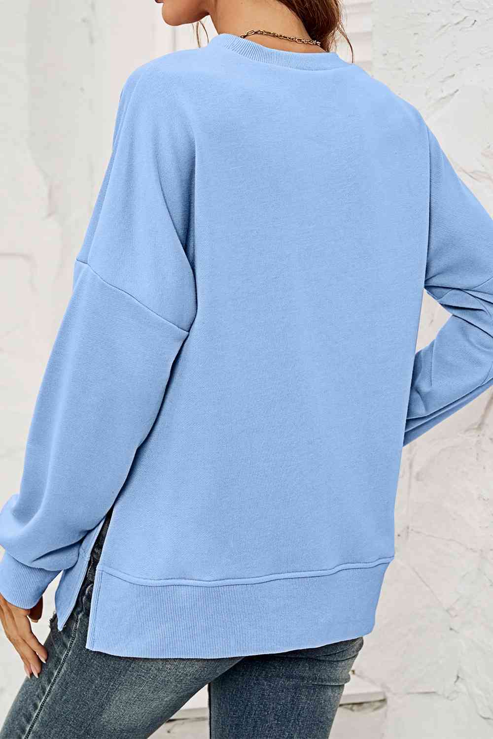 Round Neck  Dropped Shoulder Slit Sweatshirt king-general-store-5710.myshopify.com