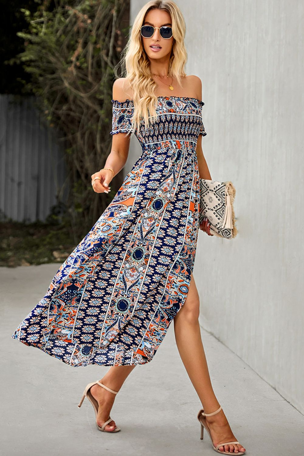 Bohemian Off-Shoulder Frill Trim Split Dress king-general-store-5710.myshopify.com