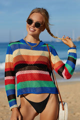 Rainbow Stripe Openwork Long Sleeve Cover-Up king-general-store-5710.myshopify.com