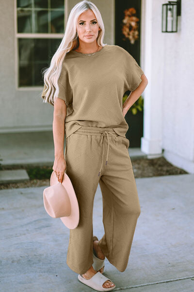 Double Take Full Size Texture Short Sleeve Top and Pants Set king-general-store-5710.myshopify.com