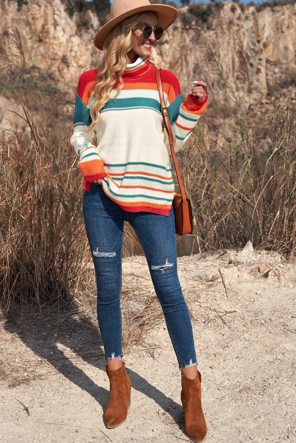 Striped Turtleneck Drop Shoulder Sweater king-general-store-5710.myshopify.com