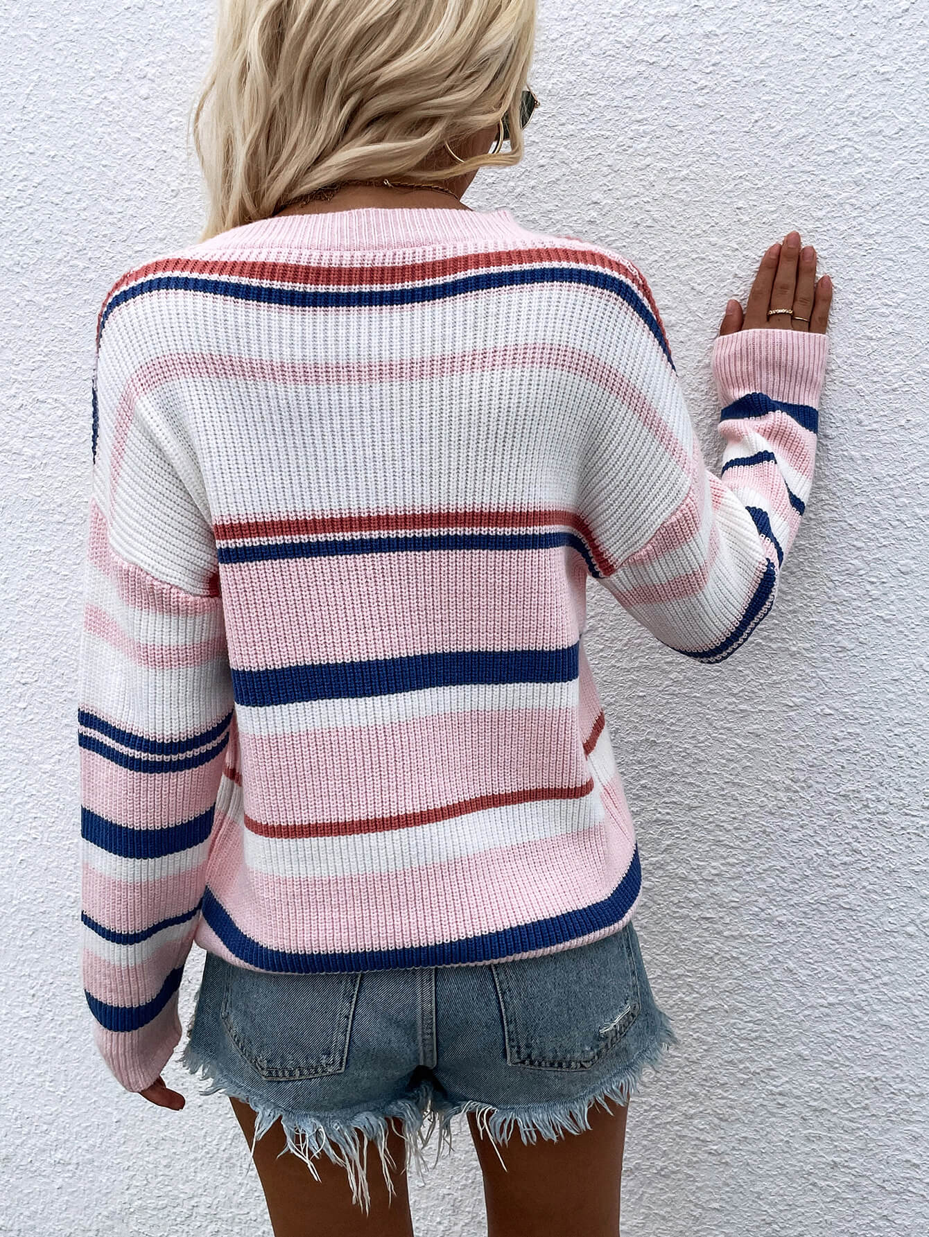 Striped Drop Shoulder Round Neck Pullover Sweater king-general-store-5710.myshopify.com