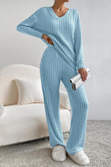 Ribbed V-Neck Top and Pants Set king-general-store-5710.myshopify.com