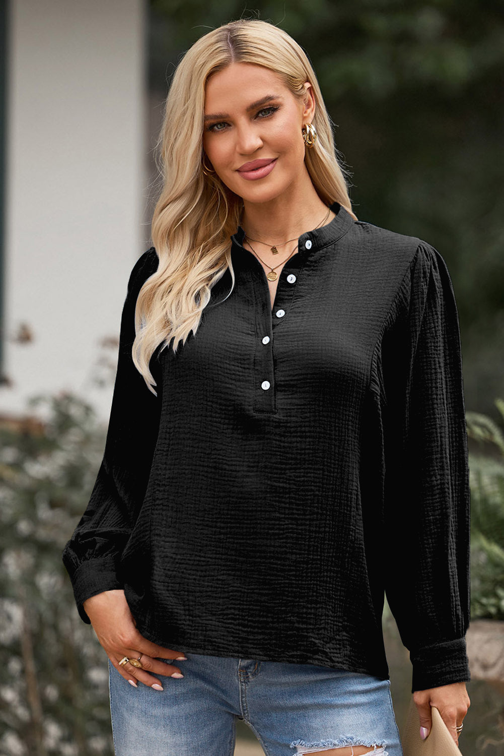 Half Button Puff Sleeve Blouse king-general-store-5710.myshopify.com