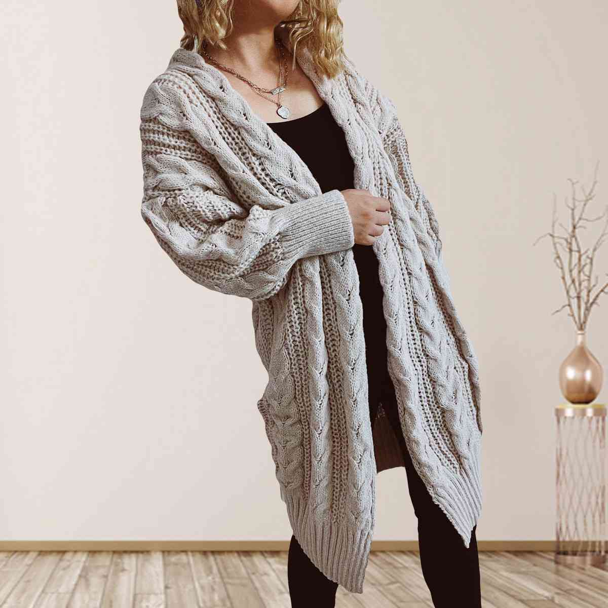 Cable-Knit Open Front Dropped Shoulder Cardigan king-general-store-5710.myshopify.com