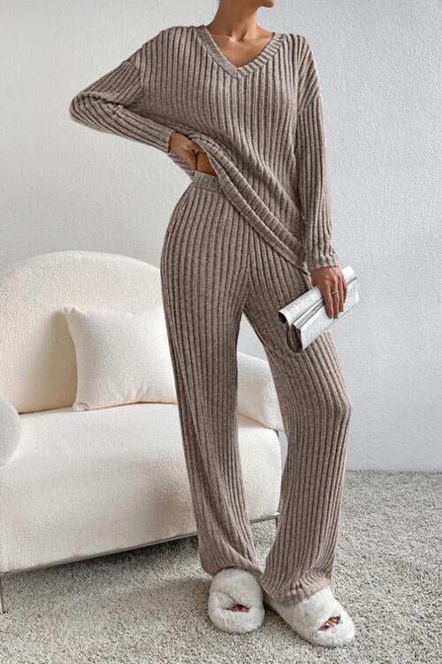 Ribbed V-Neck Top and Pants Set king-general-store-5710.myshopify.com