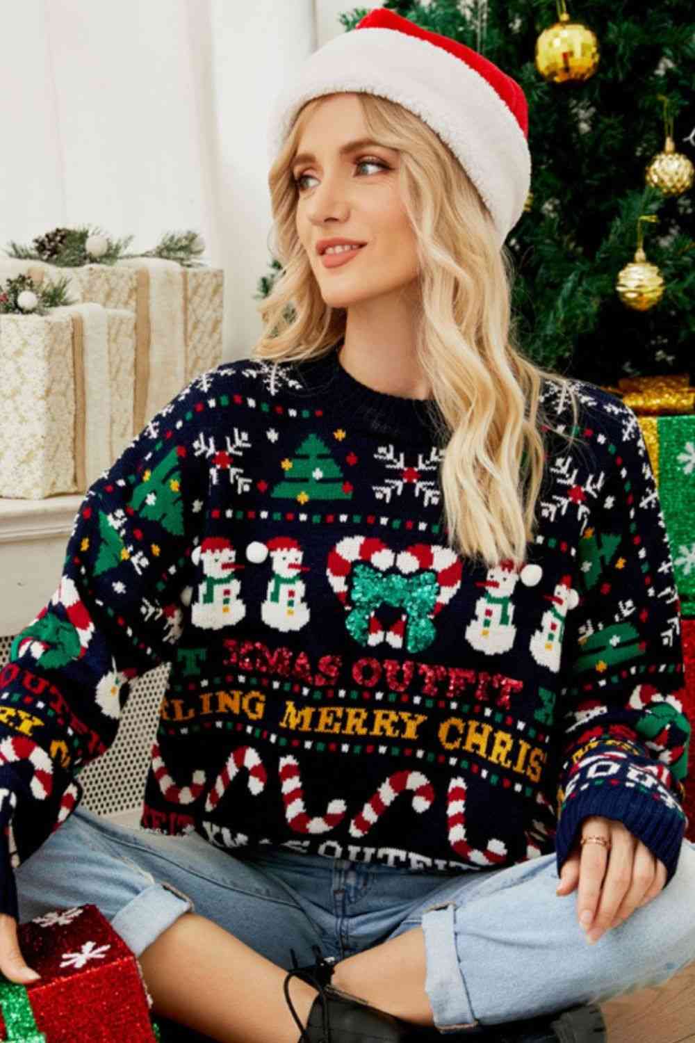 Christmas Print Crewneck Dropped Shoulder Sweater king-general-store-5710.myshopify.com