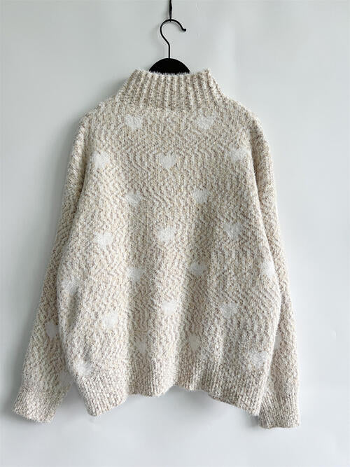 Heart Heathered Turtleneck Drop Shoulder Sweater king-general-store-5710.myshopify.com