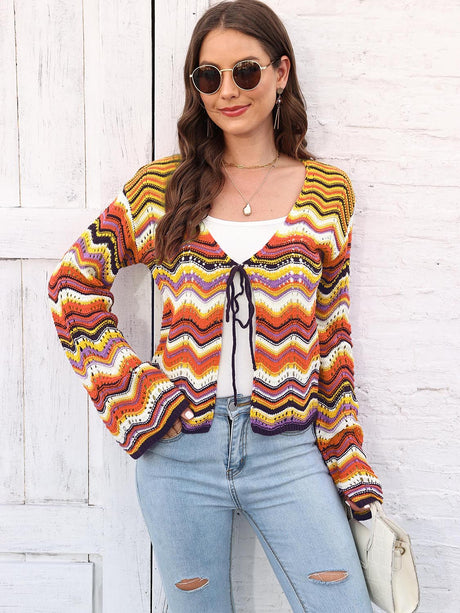 Striped Openwork Tied Cardigan king-general-store-5710.myshopify.com