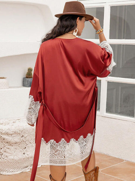 Plus Size Lace Patchwork Tie Front Robe king-general-store-5710.myshopify.com