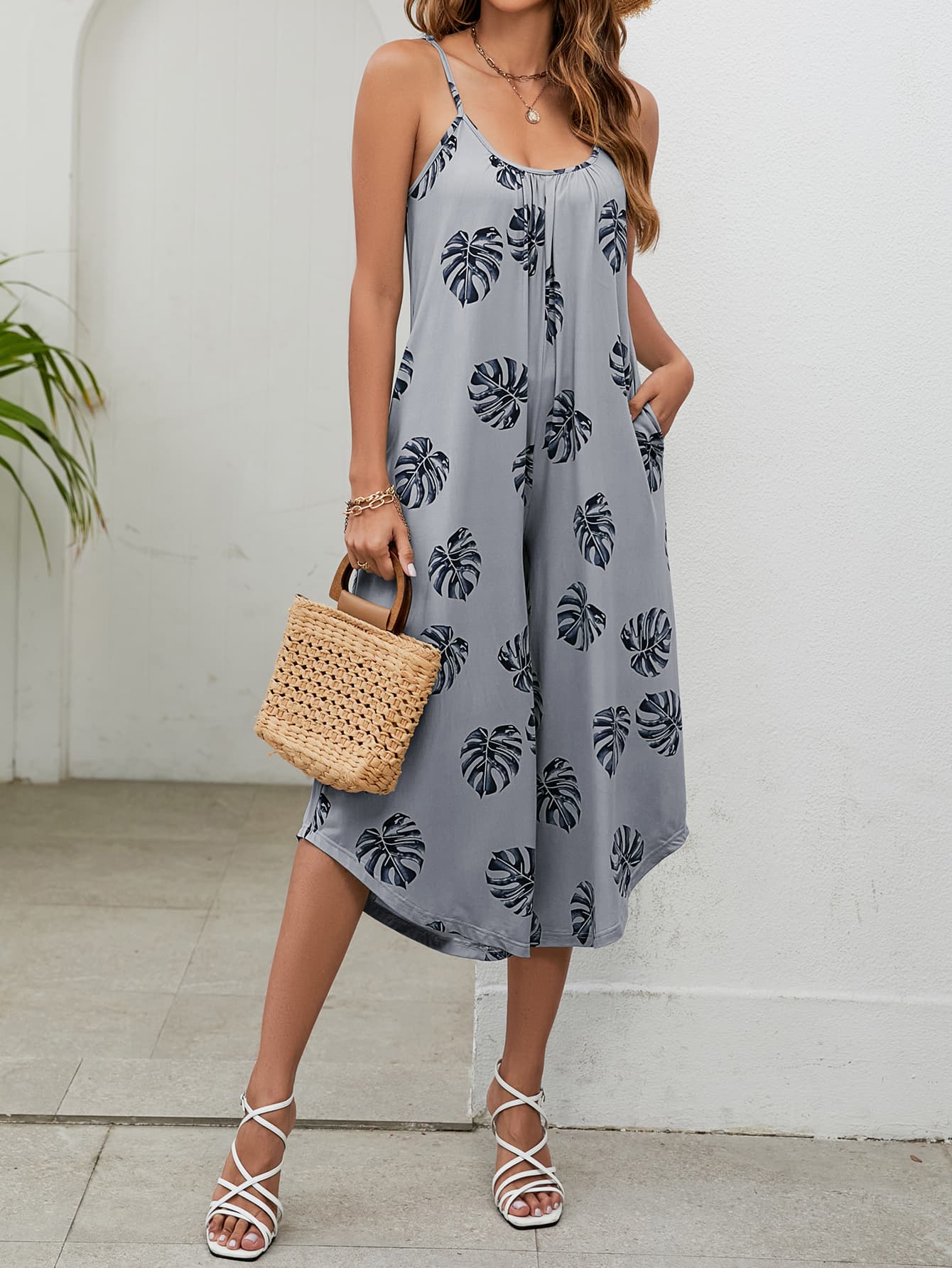 Botanical Print Spaghetti Strap Scoop Neck Jumpsuit king-general-store-5710.myshopify.com