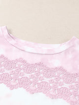 Tie-Dye Lace Trim Round Neck Top king-general-store-5710.myshopify.com