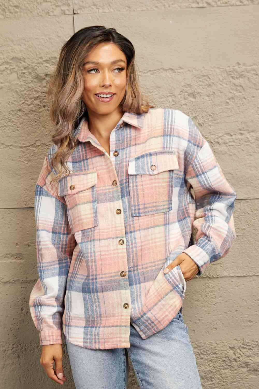 Double Take Plaid Dropped Shoulder Shacket king-general-store-5710.myshopify.com