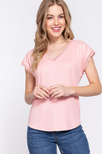 ACTIVE BASIC Lace Trim V-Neck Short Sleeve Ribbed Top king-general-store-5710.myshopify.com