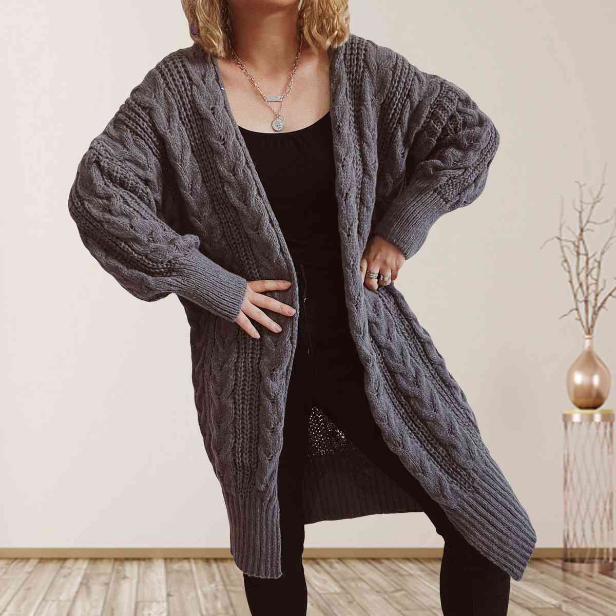 Cable-Knit Open Front Dropped Shoulder Cardigan king-general-store-5710.myshopify.com