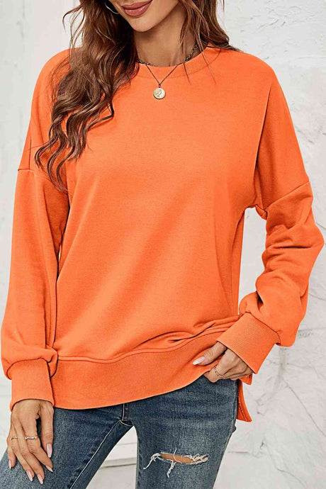 Round Neck  Dropped Shoulder Slit Sweatshirt king-general-store-5710.myshopify.com