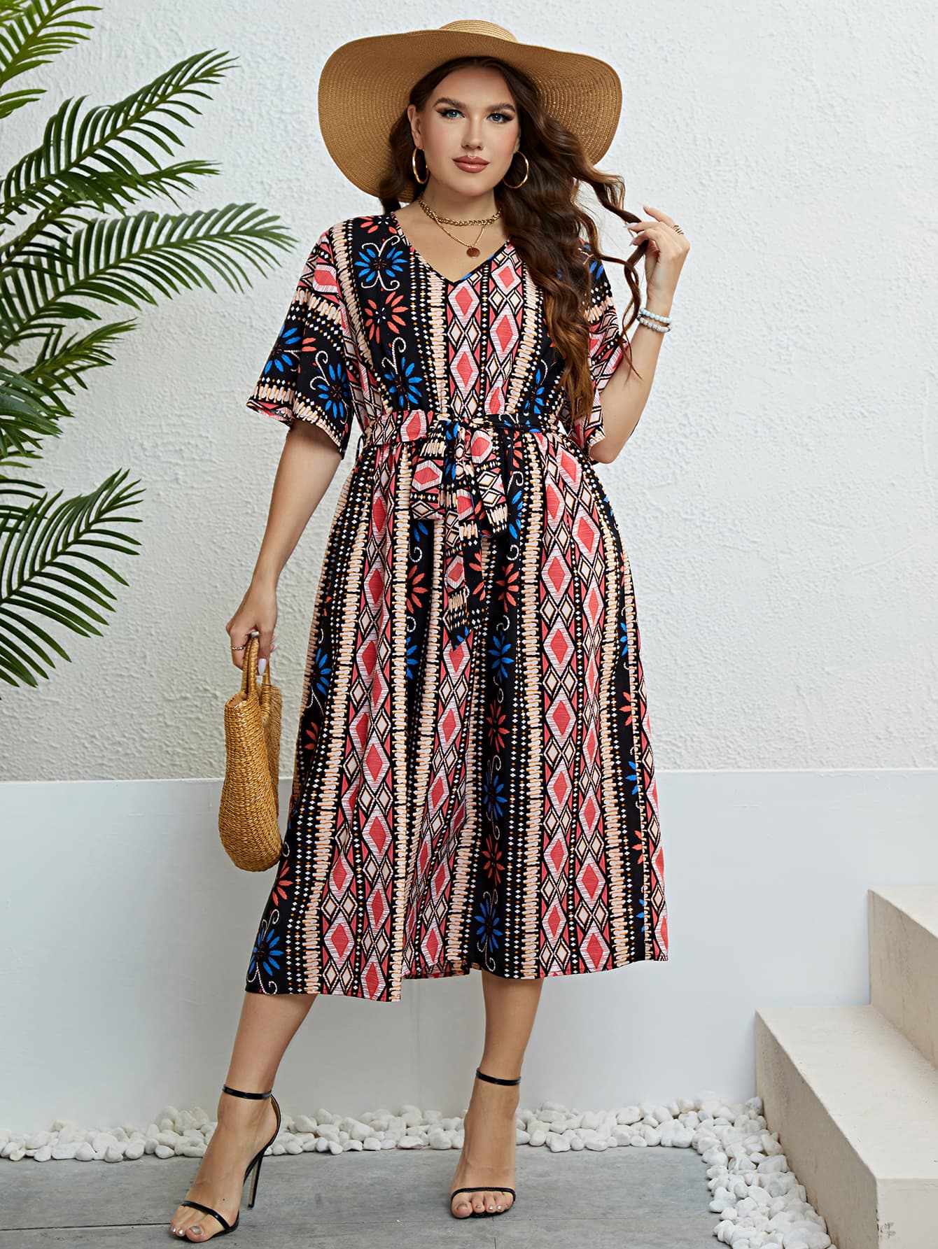 Plus Size Bohemian V-Neck Tie Belt Midi Dress king-general-store-5710.myshopify.com