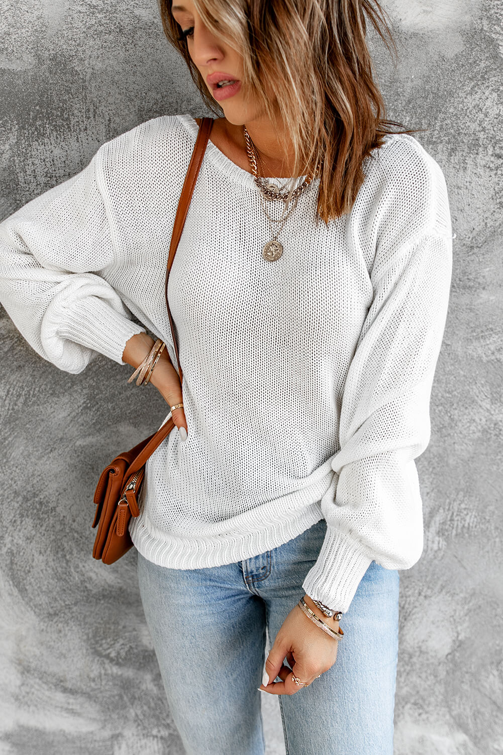 Double Take Tied Balloon Sleeve Round Neck Sweater king-general-store-5710.myshopify.com